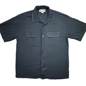 Paradise Cove 100% Silk Mens Button Up Shirt Black white stitch Medium resort